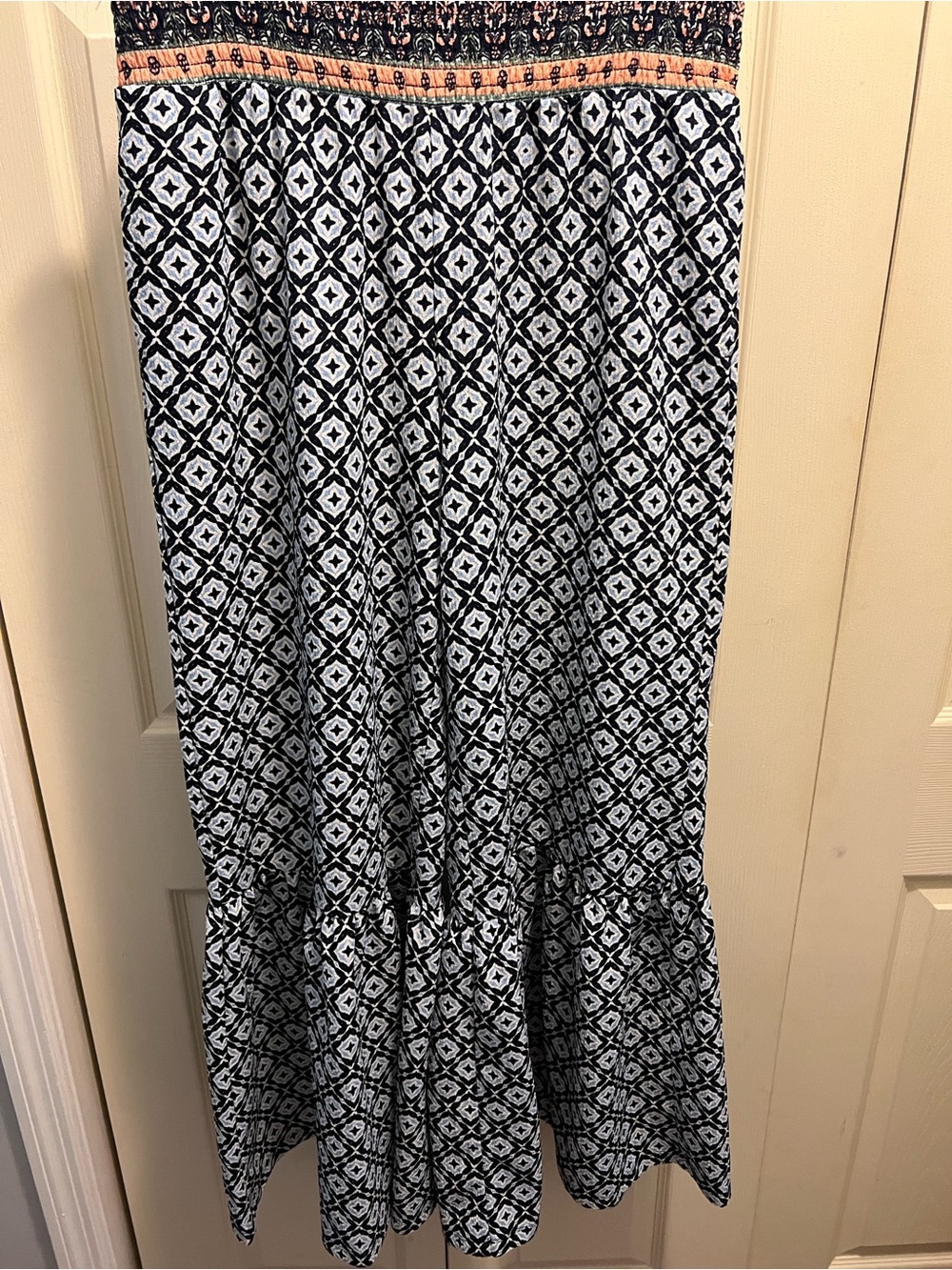 Cato Navy and Light Blue Geometric Wide-Leg Flare Pants with Peach Waistband